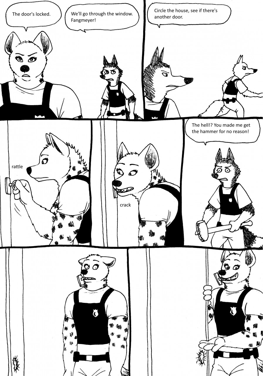 anthro bernielover canine comic dialogue disney duo english_text female hyaenid male mammal monochrome officer_fangmeyer rebecca_(bernielover) simple_background spotted_hyena text wolf wolford zootopia