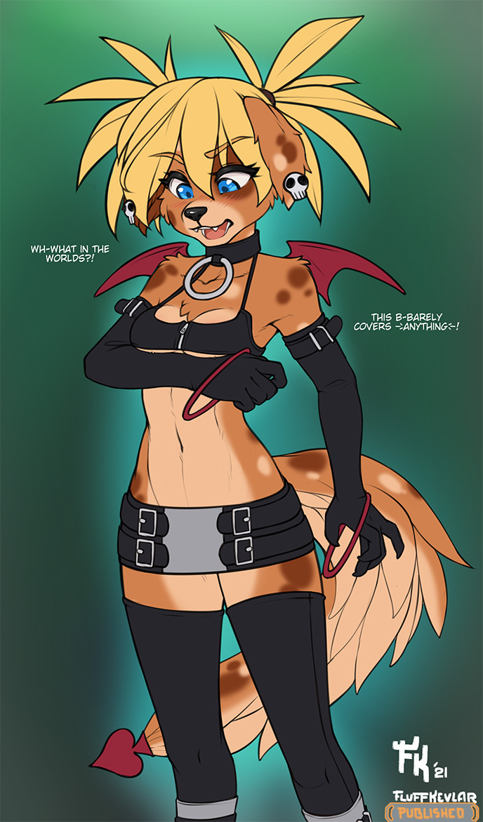 2021 5_fingers anthro australian_shepherd bare_shoulders belt belt_buckle black_nose blonde_hair blue_eyes blush boots bottomwear breasts brown_body brown_fur canid canine canis chest_tuft cleavage clothed clothing collar conditional_dnp cosplay dialogue digital_media_(artwork) disgaea domestic_dog ear_piercing english_text etna_(disgaea) fangs female fingers fluff-kevlar footwear fur gloves hair halloween handwear herding_dog holidays humanoid_hands legwear looking_at_self looking_down looking_down_at_self mammal miniskirt multicolored_body multicolored_fur o-ring_collar pastoral_dog piercing sheepdog signature skimpy skirt skull_earrings small_breasts solo spots spotted_body spotted_fur standing tan_body tan_fur teeth text thigh_boots thigh_highs tongue tuft under_boob video_games wings zofie