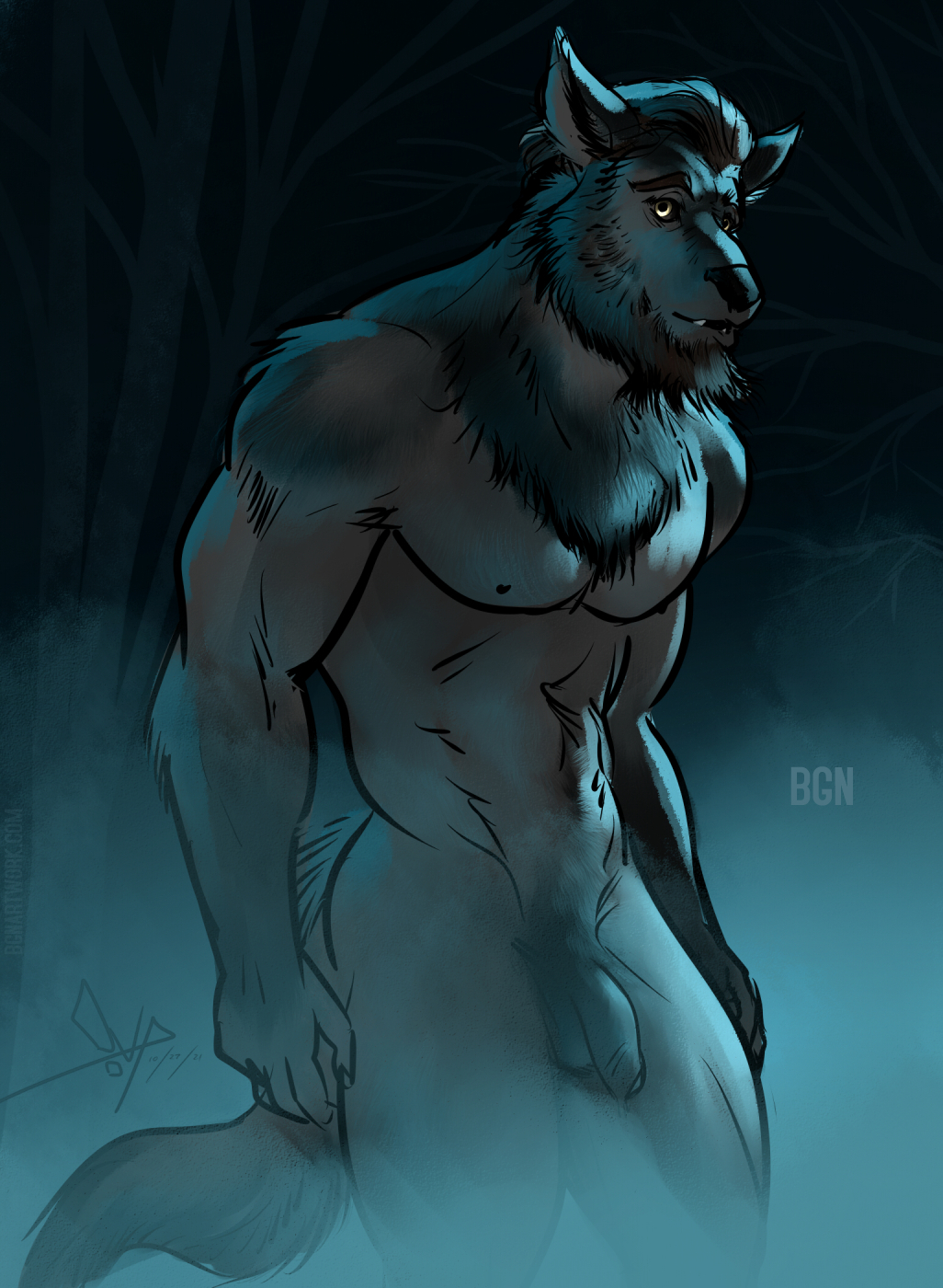 abs anthro balls beard bgn biceps canid canine chest_tuft facial_hair fangs flaccid fluffy fluffy_tail fog foreskin forest forest_background fur genitals grey_body grey_fur hi_res humanoid_genitalia humanoid_penis looking_at_viewer male mammal muscular muscular_anthro muscular_male muscular_thighs nature nature_background night nipples nude outside pecs penis plant solo tree tuft were werecanid werecanine werewolf yellow_eyes