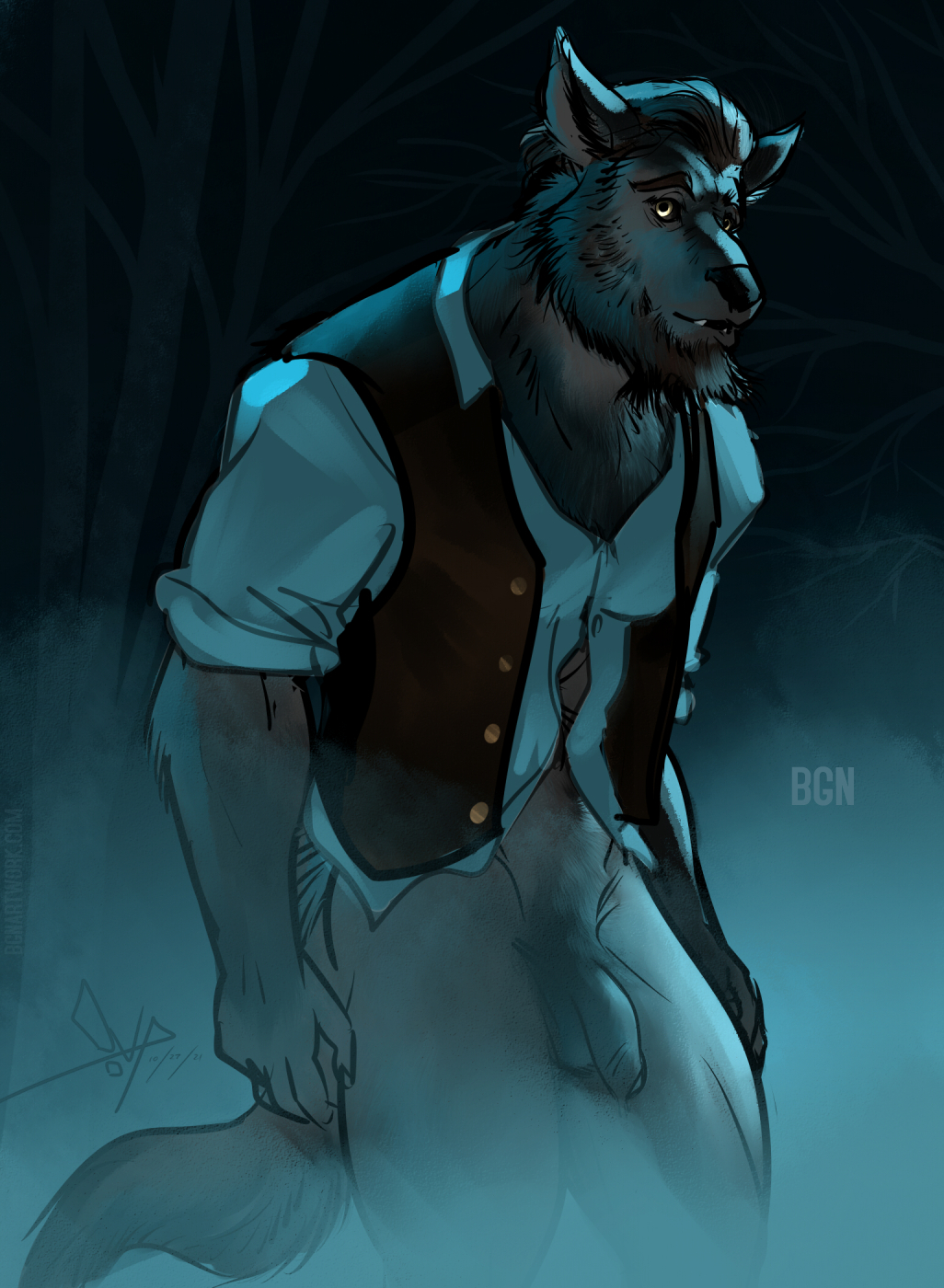 abs anthro balls beard bgn bottomless bottomless_male canid canine chest_tuft clothed clothing facial_hair fangs flaccid fog foreskin forest forest_background fur genitals grey_body grey_fur hi_res humanoid_genitalia humanoid_penis looking_at_viewer male mammal muscular muscular_anthro muscular_male muscular_thighs nature nature_background night open_clothing open_shirt open_topwear outside penis plant rolled_up_sleeves shirt solo topwear tree tuft vest were werecanid werecanine werewolf yellow_eyes