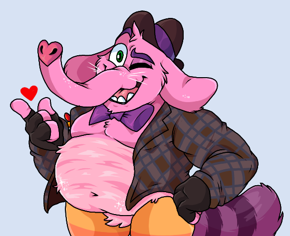 &lt;3 2021 anthro belly bing_bong bow_tie clothed clothing disney fur hat headgear headwear humanoid_hands inside_out lewdookami male mammal moobs navel one_eye_closed overweight overweight_male pink_body pink_fur pixar simple_background solo wink