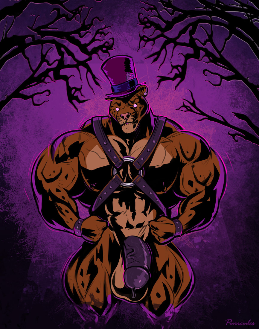 abs anthro balls benji_(character) biceps big_balls big_biceps big_muscles big_pecs big_penis biped bodily_fluids circumcised clothing clouded_leopard dripping felid genital_fluids genitals glowing glowing_eyes half-erect halloween harness hat hat_only headgear headgear_only headwear headwear_only holidays huge_muscles humanoid_genitalia humanoid_penis mainlion male mammal mostly_nude muscular muscular_anthro muscular_male muscular_thighs nipples pantherine pecs penis pinup plant pose precum precum_drip purple_eyes quads sewn_mouth solo spooky_(disambiguation) standing thick_thighs top_hat tree vein veiny_penis wrist_cuff