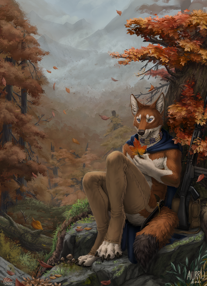 2021 4_toes 5_fingers anthro aurru black_nose brown_body brown_fur bruma_(rinzazen) canid canine canis day detailed_background digital_media_(artwork) ethiopian_wolf feet fingers fur gun male mammal outside ranged_weapon rifle sky solo toes weapon white_body white_fur