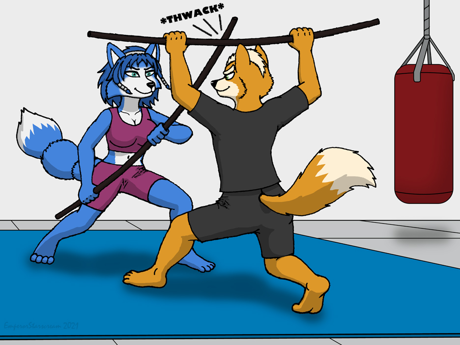 2021 4:3 4_toes 5_fingers accessory anthro black_nose blue_body blue_fur blue_hair bottomwear bra breasts canid canine cleavage clothed clothing digital_media_(artwork) duo emperorstarscream eye_contact feet female fight fingers fox fox_mccloud fur furgonomics hair hindpaw holding_object holding_staff humanoid_hands krystal looking_at_another male mammal multicolored_body multicolored_fur navel nintendo orange_body orange_fur paws punching_bag shirt shorts smile sports_bra staff star_fox story_at_source tail_accessory tailband toes topwear training two_tone_body two_tone_fur underwear video_games white_body white_fur white_hair