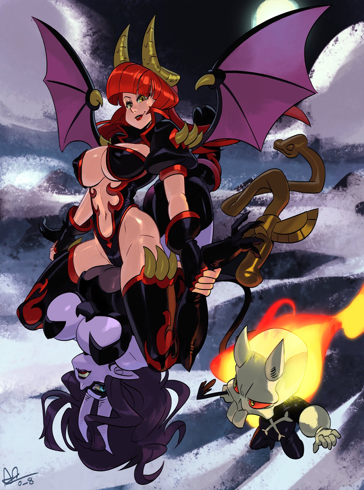 alex_ahad candela clothing deep_violet_(skullgirls) dominatrix duo eyemask female female/female group hair hi_res horn humanoid legwear purple_body purple_hair purple_skin red_hair reiq skullgirls succubus superhero tail_wrapped thigh_highs video_games