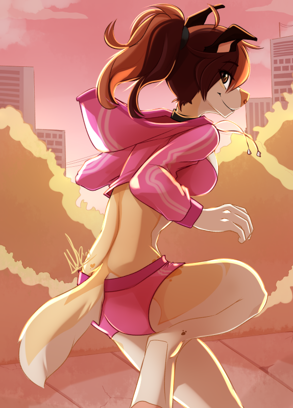 2021 5_fingers anthro breasts brown_hair canid canine canis clothed clothing danika_(wolflady) day detailed_background digital_media_(artwork) domestic_dog female fingers hair mammal outside sky smile solo wolflady