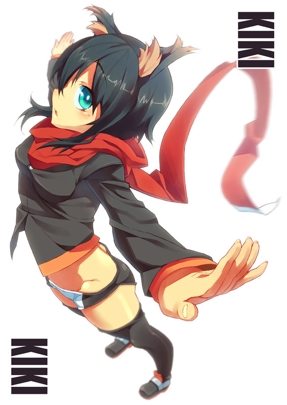 animal_ears black_hair character_name from_above green_eyes is_ii kiki_(koba) original outstretched_arms red_scarf scarf short_hair shorts solo spread_arms thighhighs