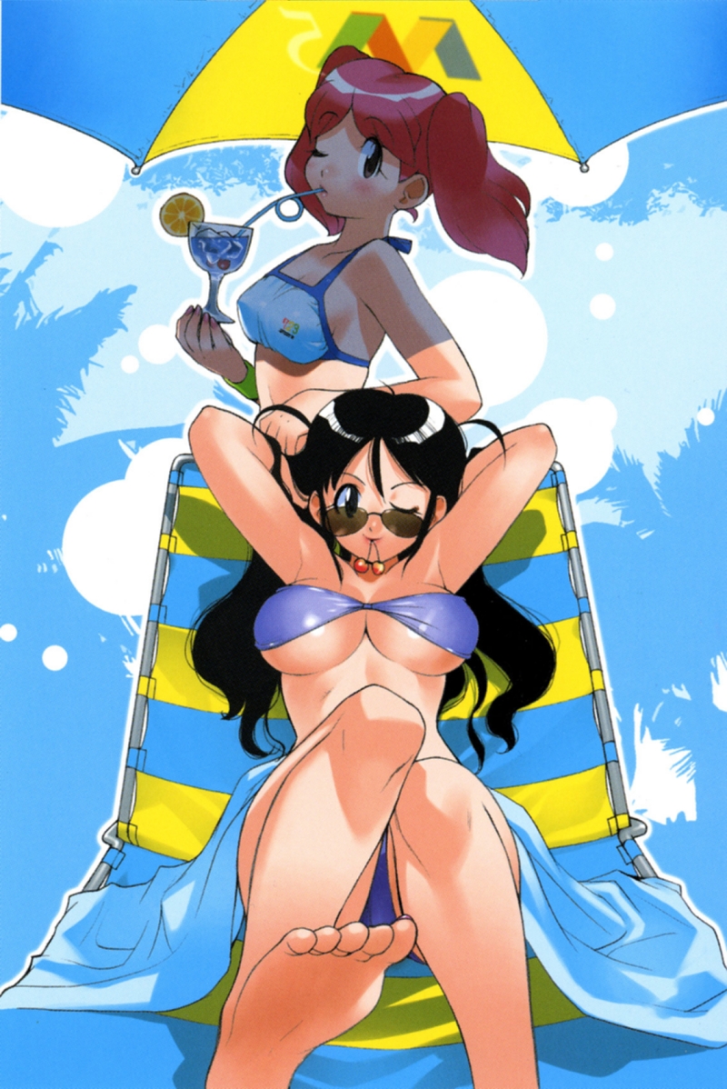 armpits bandeau barefoot bikini black_hair breasts chair cherry cleavage feet food foreshortening fruit hinata_aki hinata_natsumi keroro_gunsou large_breasts long_hair lounge_chair mature mother_and_daughter mouth_hold multiple_girls one_eye_closed red_hair soles sunglasses swimsuit toes twintails underboob yoshizaki_mine