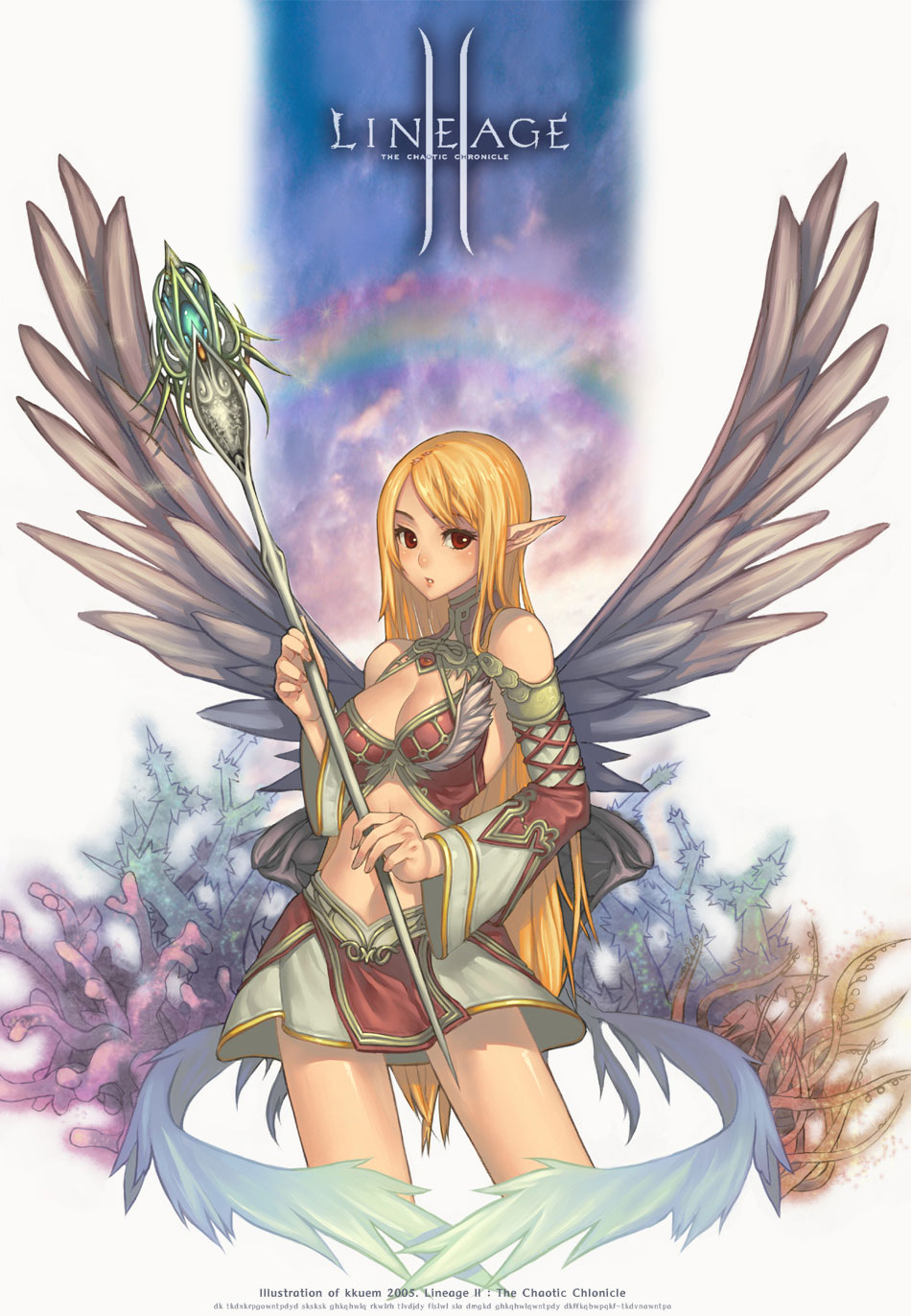 2005 blonde_hair breasts character_request cleavage copyright_name detached_sleeves elf elf_(lineage_2) highres kkuem lineage lineage_2 long_hair medium_breasts midriff pointy_ears rainbow skirt solo wand wings