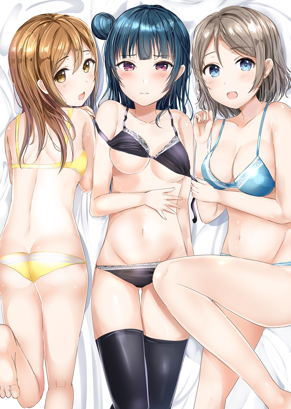 3girls :d bangs bed_sheet black_bra black_legwear black_panties blue_bra blue_eyes blue_hair blue_panties blush bra breasts brown_eyes brown_hair cleavage closed_mouth commentary_request eyebrows_visible_through_hair fingernails groin hair_between_eyes hair_bun highres kunikida_hanamaru leg_up long_hair looking_at_viewer looking_back love_live! love_live!_sunshine!! lying medium_breasts morerin multiple_girls navel on_back on_side on_stomach open_mouth panties panty_pull red_eyes smile soles thighhighs tsushima_yoshiko underwear watanabe_you yellow_bra yellow_panties