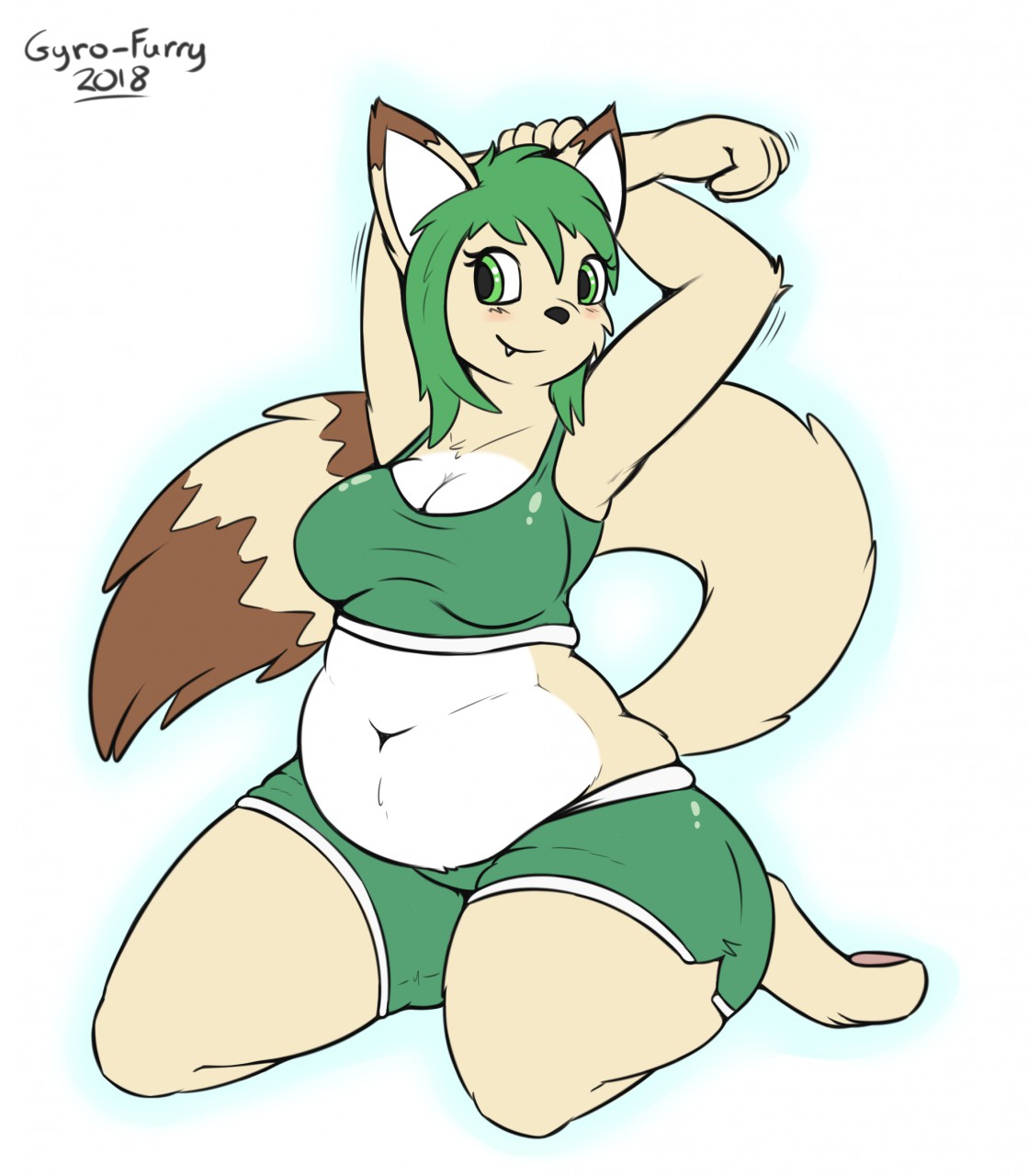 2018 anthro barefoot belly belly_overhang blush bottomwear bra breasts cleavage clothed clothing domestic_cat exercise exercise_clothing feet felid feline felis female fluffy fluffy_tail fur green_eyes green_hair gyro-furry hair hazel_verday hi_res hybrid kneeling mammal navel overweight overweight_female pawpads procyonid raccoon shorts signature simple_background slightly_chubby smile solo sports_bra stretching tan_body tan_fur teeth thick_thighs underwear white_background white_body white_fur
