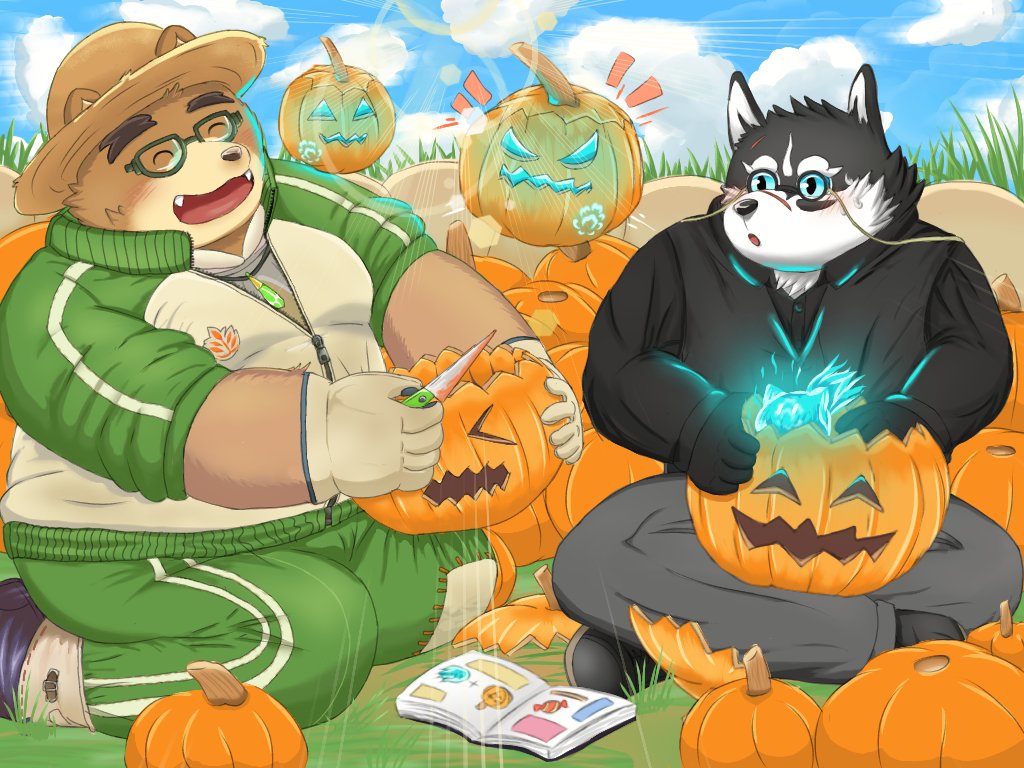 2021 4:3 anthro black_body book bottomwear brown_body canid canine canis clothing detailed_background domestic_dog duo eyes_closed eyewear food fruit glasses halloween harumuname hat headgear headwear holidays humanoid_hands kemono male mammal outside overweight overweight_male pants plant pumpkin pumpkin_carving shirt sitting straw_hat topwear ursid volos white_body