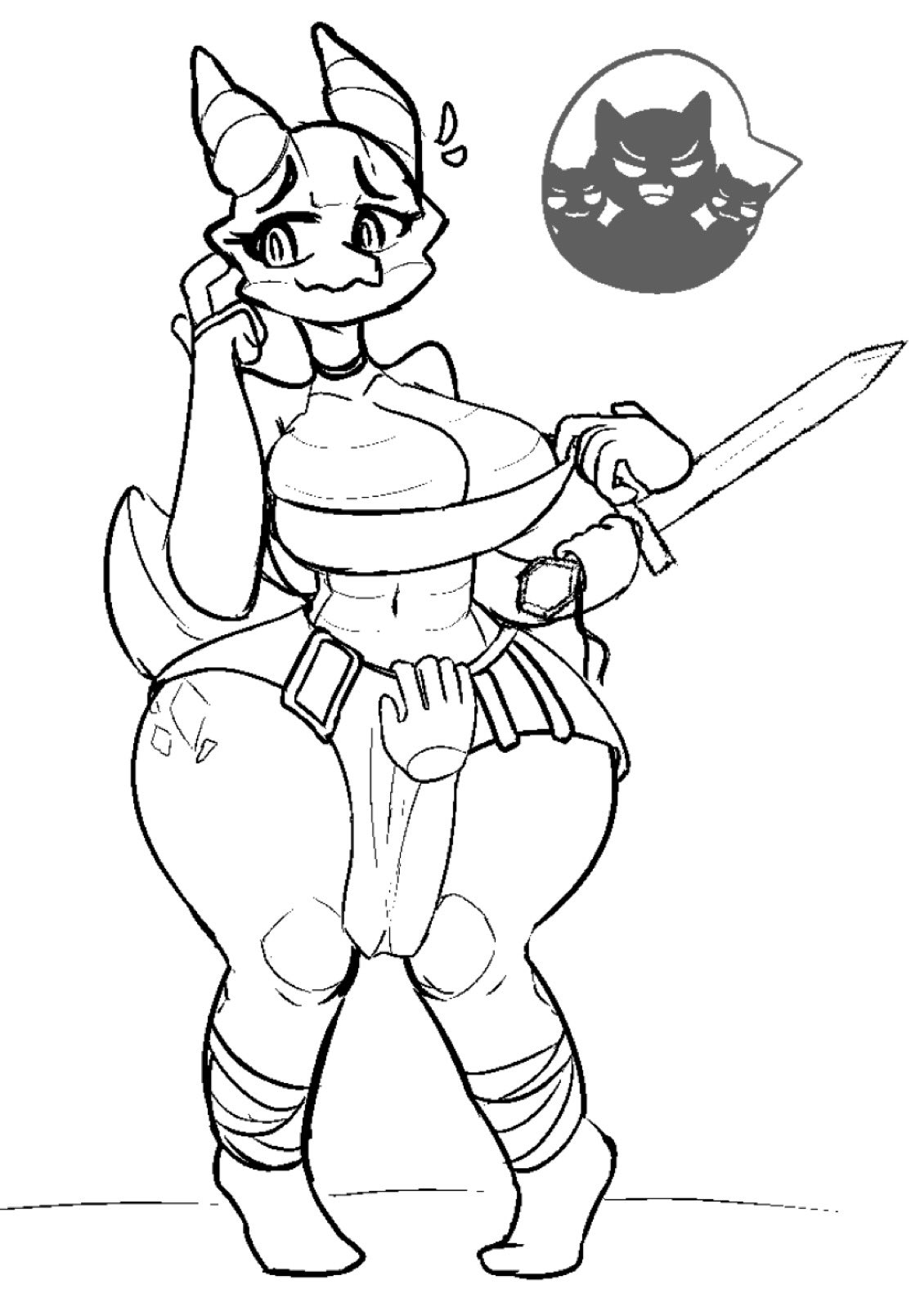 2_horns anthro big_breasts breasts cleavage clothed clothing female hi_res horn hsp kobold leg_wrappings melee_weapon monochrome non-mammal_breasts scalie solo sword teasing tugging_clothing weapon