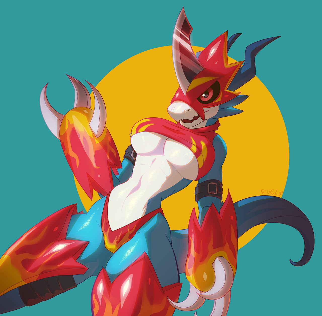 anthro armor bandai_namco big_breasts black_sclera blade blue_body breasts claws clothed clothing digimon digimon_(species) featureless_breasts female fivel flamedramon headgear helmet hi_res partially_clothed raised_clothing raised_shirt raised_topwear red_eyes shirt simple_background smile solo thick_thighs topwear underwear white_body