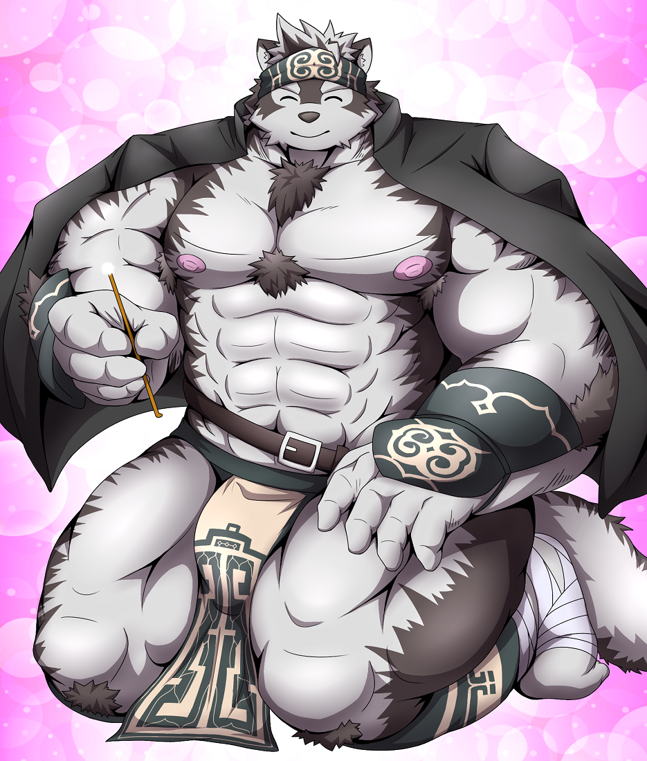 abs accessory anthro bandaged_leg belt big_muscles big_pecs black_and_white_fur bottomwear bulge canid canine canis chocobo_(pixiv) clothed clothing eyes_closed food fur gloves handwear headband horkeukamui lifewonders loincloth male mammal muscular muscular_anthro muscular_male nipples open_clothing open_shirt open_topwear pecs pocky shirt smile solo tokyo_afterschool_summoners topwear video_games wolf