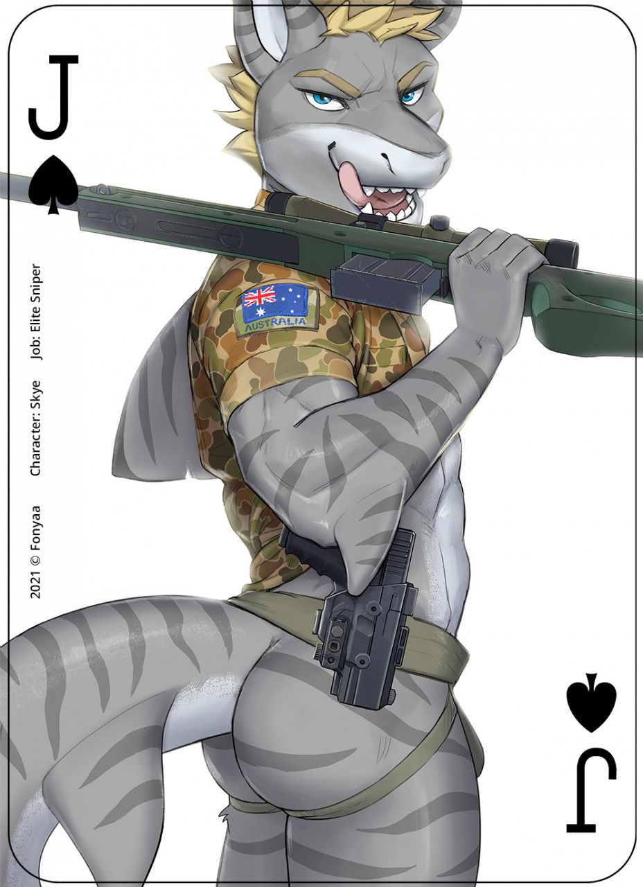 2021 anthro australian_flag awp bulge butt camo card clothed clothing english_text fish fonyaa glock gun handgun hi_res jockstrap licking licking_lips looking_at_viewer male marine military pistol playing_card ranged_weapon requiem_shark rifle shark shirt simple_background sniper_rifle solo standing stripes text tiger_shark tongue tongue_out topwear underwear weapon white_background