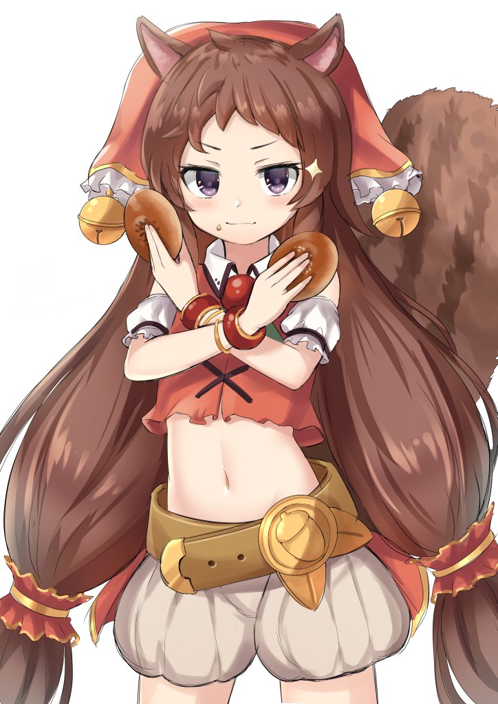 1girl animal_ears bangs bare_shoulders bell belt blush bracelet brown_hair closed_mouth collared_shirt commentary_request cowboy_shot crop_top crop_top_overhang dargo detached_sleeves eating food food_on_face frills hair_ornament hands_up headdress holding holding_food jewelry jingle_bell jitome legs_apart long_hair looking_at_viewer low_twintails midriff morichika_rin navel princess_connect! princess_connect!_re:dive puffy_short_sleeves puffy_shorts puffy_sleeves purple_eyes red_shirt shirt short_sleeves shorts sidelocks simple_background solo sparkle squirrel_ears squirrel_tail standing stomach tail twintails v-shaped_eyebrows very_long_hair wavy_mouth white_background white_shorts