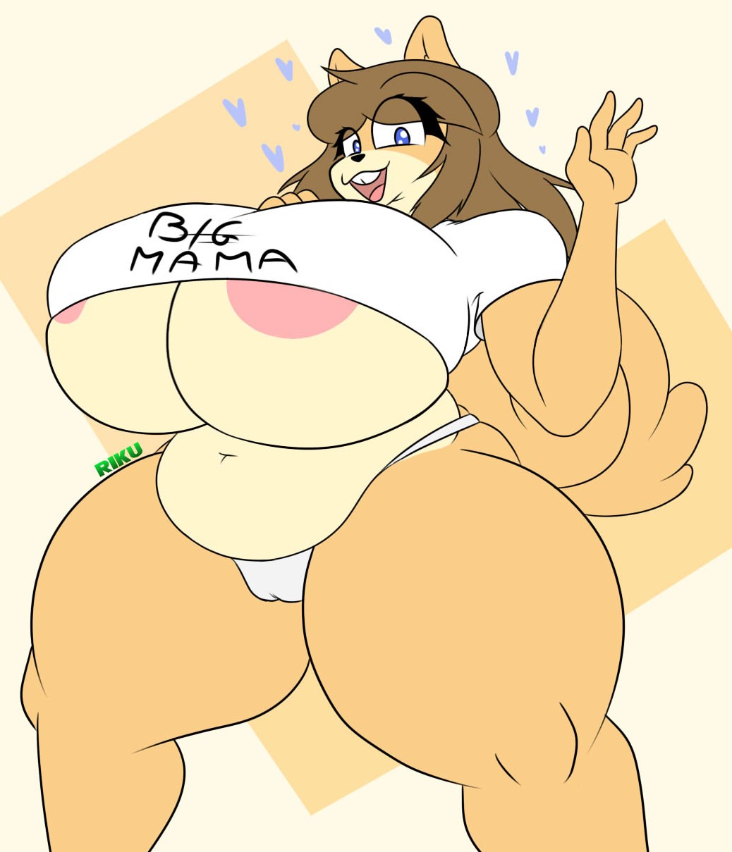 &lt;3 anthro areola belly big_breasts big_butt blue_eyes breasts brown_body butt canid canine canis clothing crop_top dog_tail domestic_dog female hi_res huge_breasts huge_butt june_(jinu) mammal mature_female nipples pink_nipples riku9797 shirt solo topwear