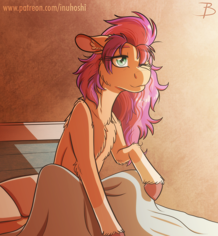 awake bed bed_head bedroom blue_eyes equid equine fluffy furniture hair hasbro hooves horse inuhoshi-to-darkpen mammal messy_hair mlp_g5 my_little_pony one_eye_closed pony sunny_starscout_(mlp)