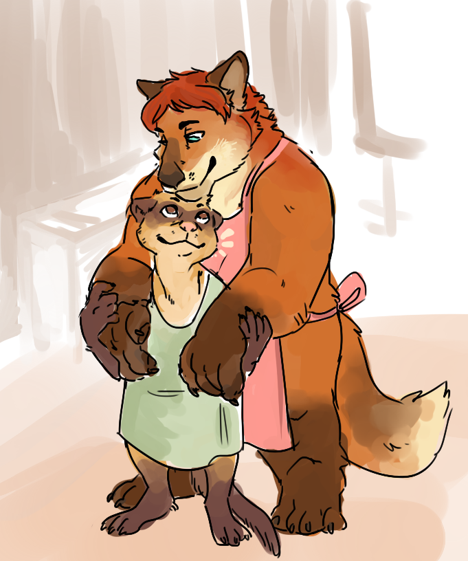 2017 anthro apron brown_body brown_fur canid canine clothing disney domestic_ferret duo embrace fox fur gideon_grey hug hugging_from_behind humanoid_hands male male/male mammal mustela mustelid musteline opferziege overweight overweight_male shirt topwear travis_(zootopia) true_musteline zootopia