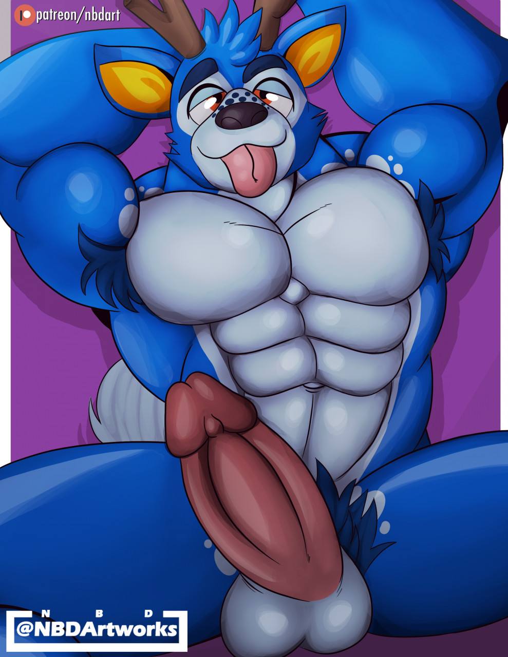 :3 abs animal_crossing anthro antlers armpit_hair balls bam_(animal_crossing) biceps big_muscles big_penis bird's-eye_view black_nose blue_body blue_fur blue_hair body_hair cervid countershading erection eyebrows fur genitals glistening glistening_eyes grey_body grey_fur hair hi_res high-angle_view horn humanoid_genitalia humanoid_penis looking_at_viewer lying male mammal muscular muscular_anthro muscular_male naughtybigdog navel nintendo nude on_back pecs penis pubes red_eyes smile solo tongue tongue_out video_games yellow_inner_ear