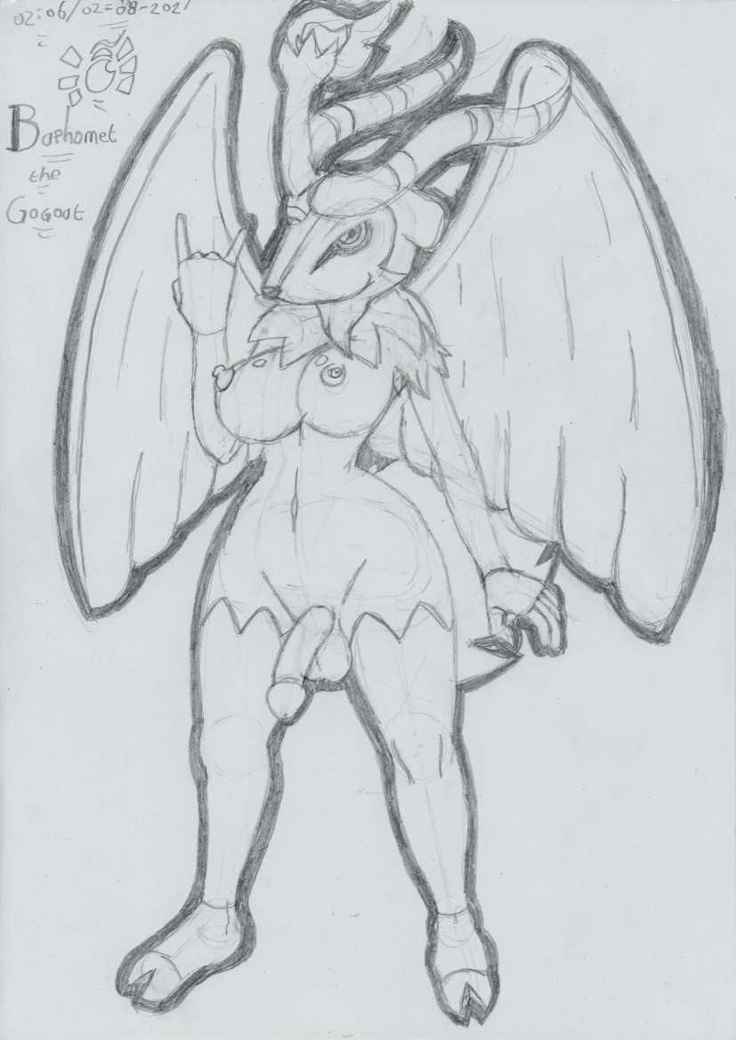 2021 anthro anthrofied balls baphomet_(lunaris_parukia) big_breasts bovid breasts caprine caprine_demon demon devil_horns_(gesture) facial_hair flaccid genitals gesture goat_demon goatee gogoat graphite_(artwork) gynomorph hooved_toes horn humanoid_genitalia humanoid_penis intersex lunaris_parukia mammal navel nintendo nipples nude penis pok&eacute;mon pok&eacute;mon_(species) pok&eacute;morph smile solo traditional_media_(artwork) video_games wings