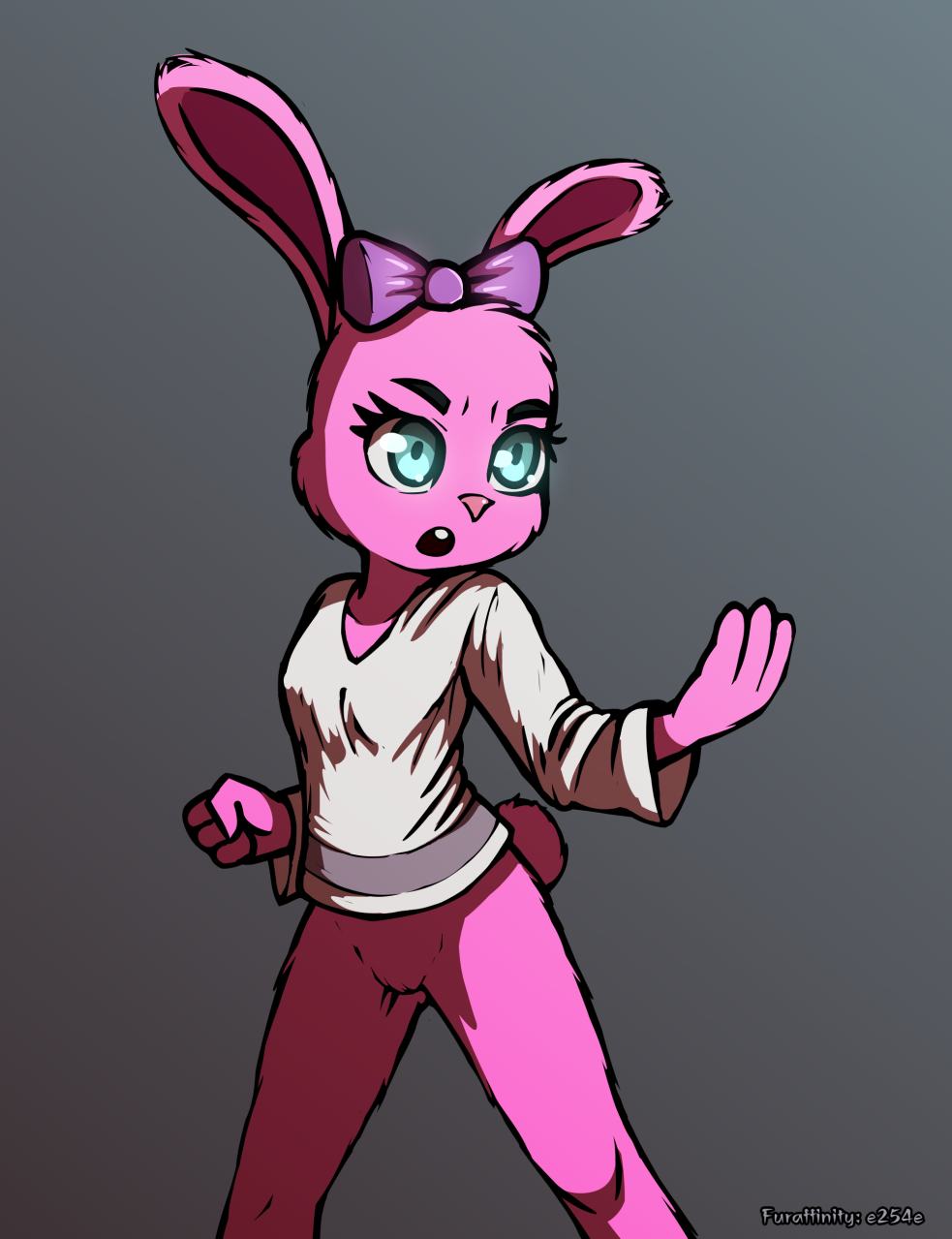 2019 4_fingers accessory anthro anthrofied artist_name big_eyes biped black_eyebrows bottomless breasts buckteeth clothed clothing determined e254e eyebrows eyelashes featureless_crotch female fingers fist fur furrowed_eyebrows gradient_background grey_background hair_accessory hair_bow hair_ribbon hi_res lagomorph leporid long_ears looking_away mammal medium_breasts multicolored_clothing multicolored_shirt multicolored_topwear open_mouth pink_body pink_fur pink_nose portrait purple_bow purple_inner_ear rabbit raised_hand ribbons shaded shirt short_tail simple_background solo standing teal_eyes teeth three-quarter_portrait three-quarter_view topwear two_tone_clothing two_tone_shirt two_tone_topwear white_clothing white_shirt white_topwear yin_(yin_yang_yo!) yin_yang_yo!