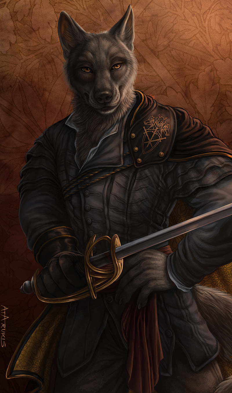 2021 anthro black_body black_fur black_nose brown_eyes canid canine clothed clothing digital_media_(artwork) fur hi_res looking_at_viewer luther male mammal rukis smile weapon