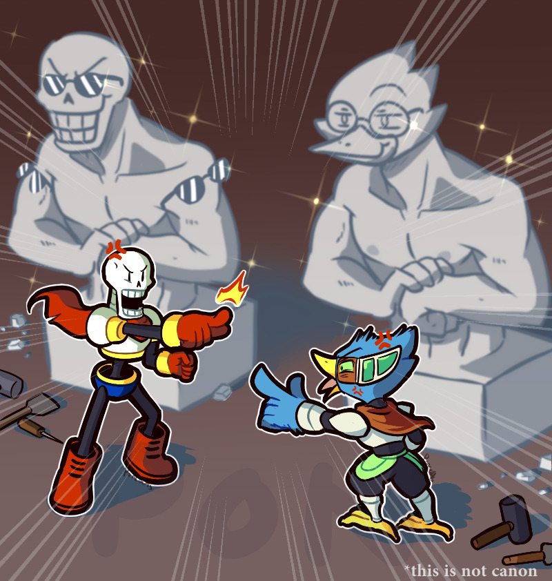 angry anthro armor avian barefoot beak berdly biceps bird bird_feet blue_body blue_feathers bone boots cape chisel claws clothing cross-popping_vein deltarune duo english_text eyebrows eyewear feathers feet footwear gesture glasses gloves hammer handwear male muscular muscular_male nipples papyrus_(undertale) pointing pontata raised_eyebrow scouter sculpture simple_background skeleton smile smug standing statue sunglasses talons teeth text toes tongue tongue_out tools undertale undertale_(series) video_games yelling yellow_beak