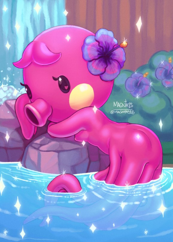 &lt;3 &lt;3_eyes 2020 animal_crossing anthro bent_over breasts cephalopod coleoid detailed_background female flower full-length_portrait looking_at_viewer magnta marina_(animal_crossing) marine mollusk nintendo non-mammal_breasts nude octopodiform octopus outside partially_submerged pinup plant portrait pose rock side_view signature solo sparkles tentacles video_games water waterfall