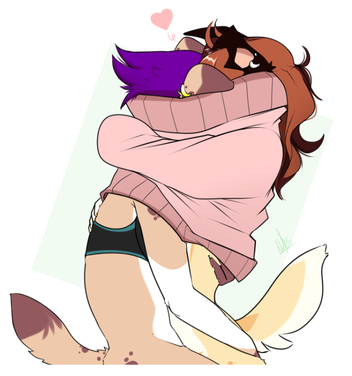 2021 brown_hair canid canine canis clothed clothing danika_(wolflady) digital_media_(artwork) domestic_dog duo embrace female hair hug mammal sussan wolflady