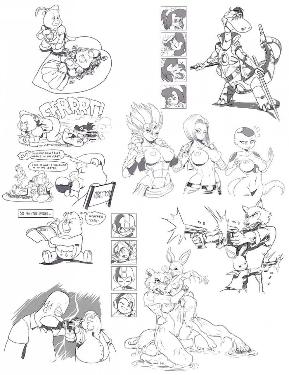 2021 aiming alien alien_humanoid android_18 anthro beastars beretta_92 big_breasts breasts bright_eyes_(pound_puppies) canid canine canis capcom care_bears clothed clothing crossgender cybernetics cyborg dialogue dino_(flintstones) dinosaur domestic_dog dragon_ball dripping english_text family_guy fart female frieza frieza_race funshine_bear genitals greyscale grumpy_bear gun handgun hanna-barbera haru_(beastars) hi_res holding_gun holding_object holding_pistol holding_weapon homer_simpson human humanoid humor juno_(beastars) lagomorph legoshi_(beastars) leporid machine male mammal mega_man_(character) mega_man_(series) monochrome mtf_crossgender mud mud_wrestling multiple_images nauyaco nipples nude partially_clothed peter_griffin pistol pound_puppies pussy rabbit ranged_weapon reptile scalie sketch_page speech_bubble text the_flintstones the_simpsons ursid usp video_games weapon wolf wrestling