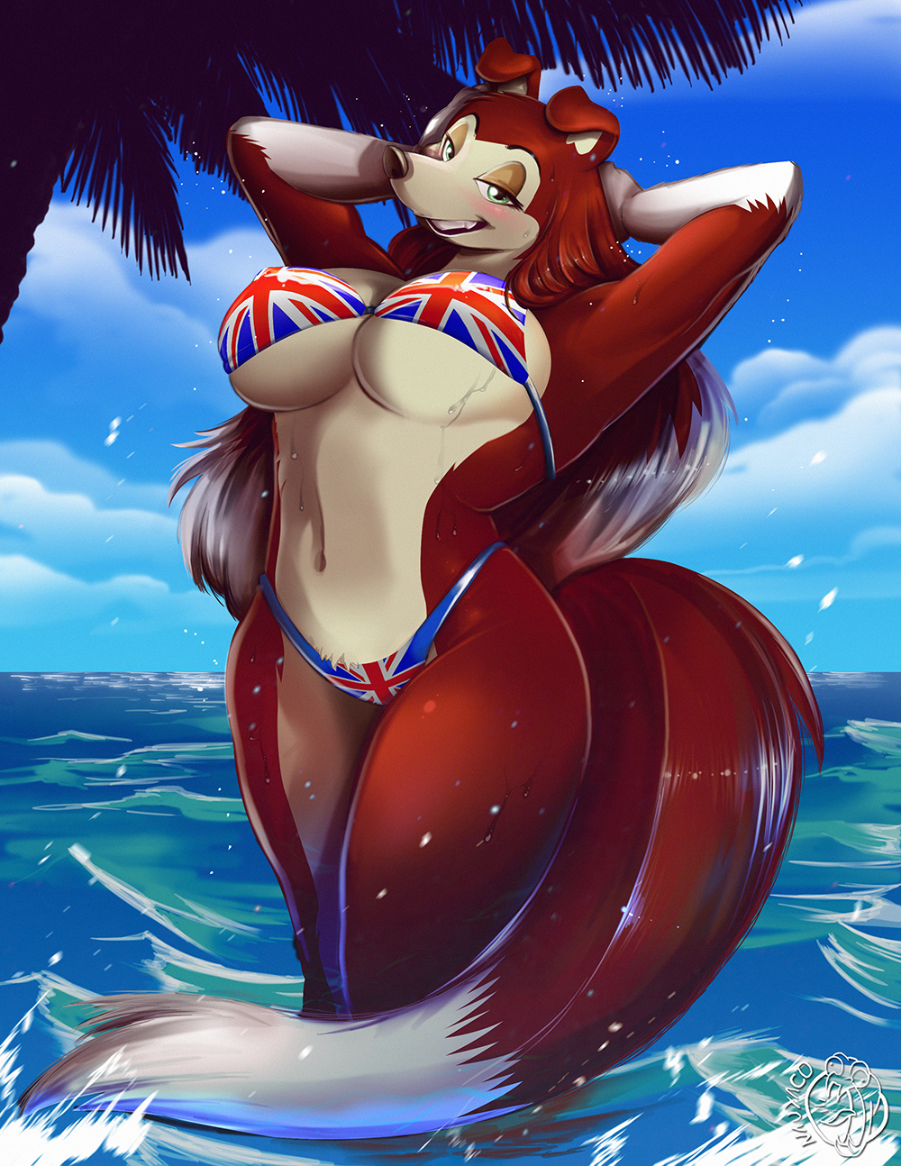 2020 anthro bedroom_eyes bikini bikini_bottom bikini_top breasts brown_body brown_fur canid canine canis clothed clothing colleen collie detailed_background domestic_dog female flag_bikini fur grin herding_dog hi_res looking_at_viewer mammal narrowed_eyes nauyaco partially_submerged pastoral_dog pinup portrait pose road_rovers rough_collie seductive sheepdog smile solo swimwear three-quarter_portrait under_boob union_jack water