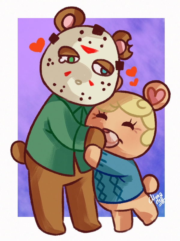&lt;3 3:4 animal_crossing anthro blonde_hair bodily_fluids brown_body brown_fur clothing crying embrace eyes_closed female friday_the_13th fur hair heterochromia hockey_mask hug jason_voorhees male mammal mask missmonahell mother mother_and_child mother_and_son nintendo notched_ear pamela_voorhees parent parent_and_child size_difference son sports_mask sportswear sweater tears topwear ursid video_games