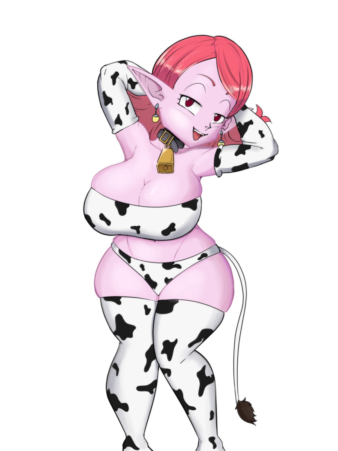 3:4 animal_print big_breasts breasts chronoa cow_print dragon_ball_xenoverse female hi_res humanoid kappa_spark not_furry pink_body simple_background solo supreme_kai_of_time white_background