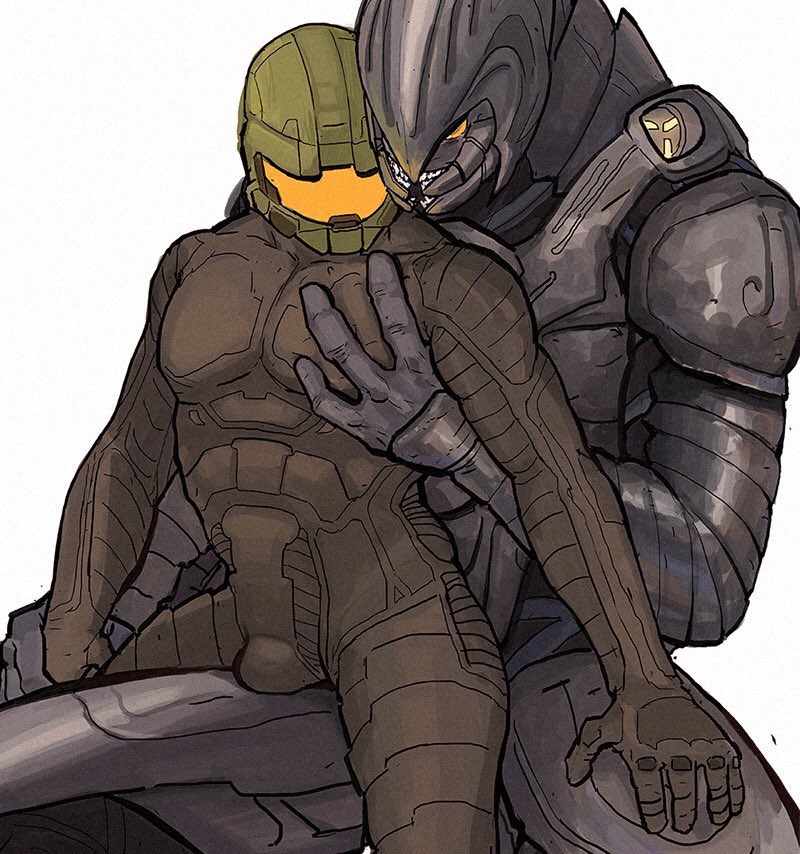 2019 3_fingers 5_fingers alien arbiter_(halo) armor bulge cjdog3 clothing digital_media_(artwork) duo fingers halo_(series) headgear helmet human larger_male male male/male mammal master_chief microsoft sangheili simple_background size_difference smaller_male thel_'vadam video_games white_background xbox_game_studios yellow_eyes