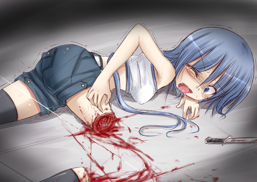 1girl amasaki_ryouko amputee blank_blood blood blue_eyes blue_hair cracklecradle crying depth_bomb female guro injury knife long_hair lying one_eye_closed open_mouth pain ryona saliva severed_limb shimo_(depthbomb) shorts solo tank_top tears tremble trembling wince wink wire