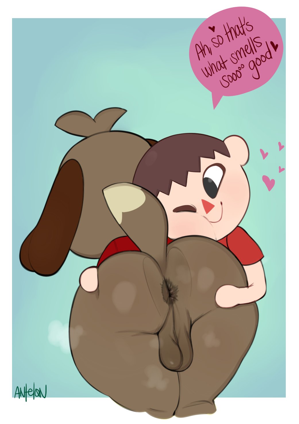 &lt;3 anal_musk animal_crossing antelon anthro anus backsack balls big_butt butt butt_grab butt_hug butt_sniffing canid canine canis clothed clothing darkened_balls darkened_genitalia dialogue digby_(animal_crossing) domestic_dog duo english_text fur genitals group hair hand_on_another's_butt hand_on_butt hi_res human male male/male mammal musk nintendo shih_tzu signature simple_background sniffing speech_bubble text text_with_heart toy_dog video_games villager_(animal_crossing)