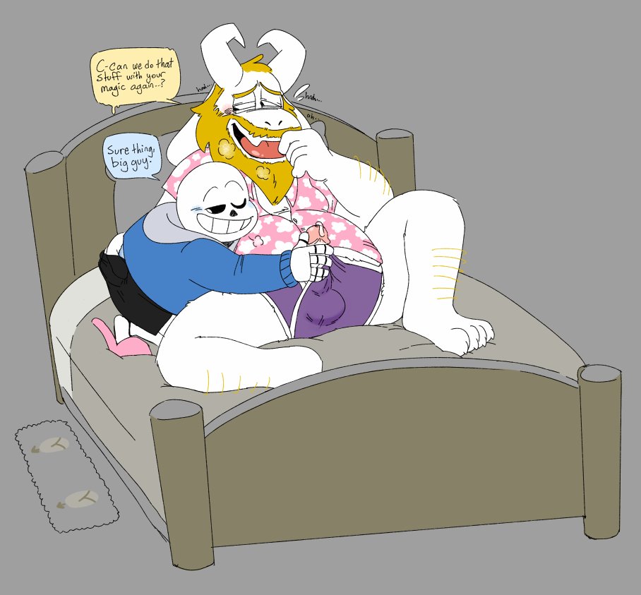 2021 animated_skeleton anthro asgore_dreemurr beard bed blonde_hair blush bone boss_monster bovid bovine bulge caprine cherryguyontop clothing dialogue duo english_text facial_hair furniture genitals hair handjob hoodie horn long_ears male male/male mammal overweight overweight_male penile penis sans_(undertale) sex shirt sitting skeleton speech_bubble text topwear undead undertale undertale_(series) underwear video_games white_body