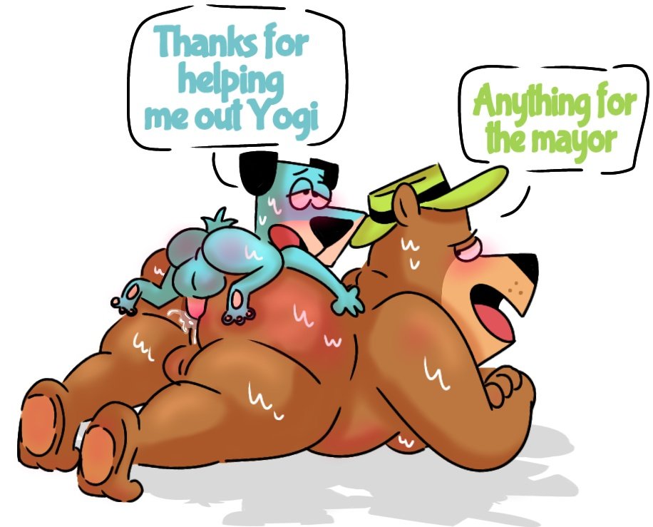 2021 anal anthro balls big_balls blue_body blush bodily_fluids bottomnok brown_body butt canid canine canis clothing domestic_dog duo english_text genitals hanna-barbera hat headgear headwear huckleberry_hound jellystone_(hbo_max) male male/male mammal overweight overweight_male penis sex simple_background size_difference small_dom_big_sub sweat text the_huckleberry_hound_show ursid white_background yogi_bear yogi_bear_(character)