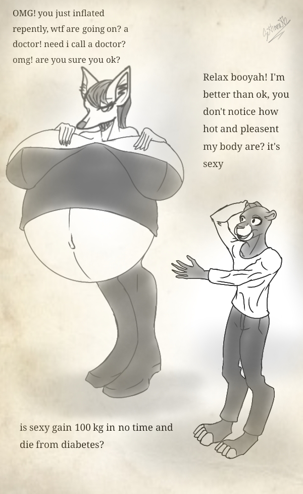 anthro belly big_belly black_body black_fur chimera english_text felid feline female fur inflation leopard long_tail male male/female mammal mystical_creature obese overweight pantherine sethmetparriere solo tall taller_female text white_legs