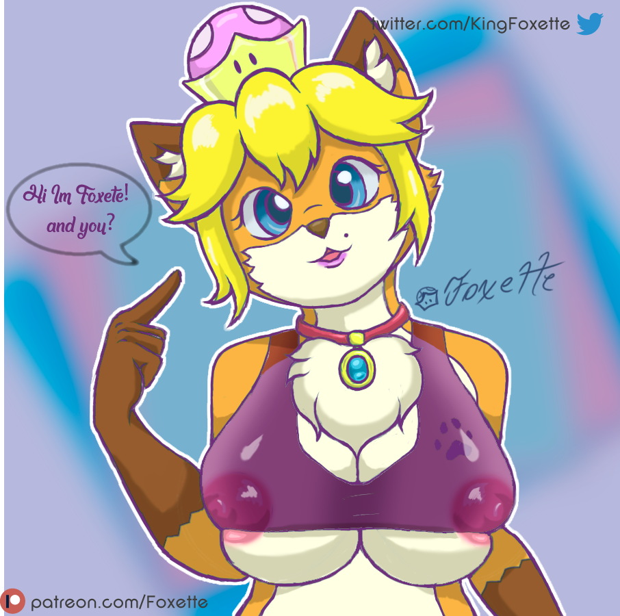 &lt;3 5_fingers anthro apron big_breasts blonde_hair blush bodily_fluids breasts canid canine clothed clothing crown curvy_figure eyes_closed female fingers fox foxette foxette_(foxette) fur hair huge_breasts kemono legwear long_ears long_hair mammal mario_bros mature_anthro mature_female nintendo nipples nipplesleaning open_mouth orange_body orange_fur princess_peach red_fox shirt simple_background solo standing stockings super_crown sweat text thick_thighs thigh_highs topwear under_boob url video_games voluptuous