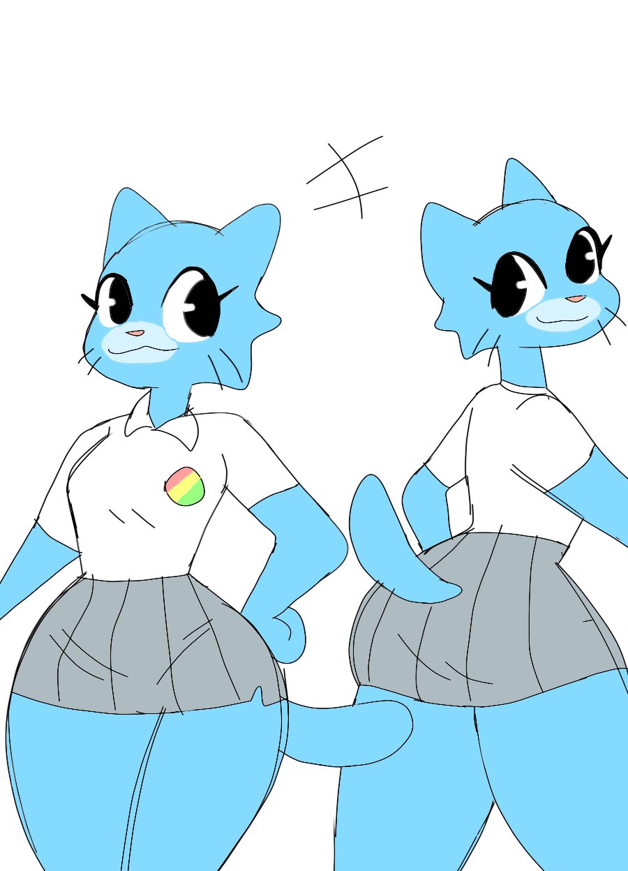 anthro blue_body bottomwear breasts butt_pose cartoon_eyes cartoon_network cat_tail clothing digital_media_(artwork) domestic_cat eyelashes felid feline felis female grey_clothing hi_res looking_back mammal nicole_watterson office_clothing office_lady office_uniform pencil_skirt polo_shirt pose puppychan48 shirt simple_background simple_eyes skirt smile solo the_amazing_world_of_gumball thick_thighs topwear uniform white_background white_clothing wide_hips