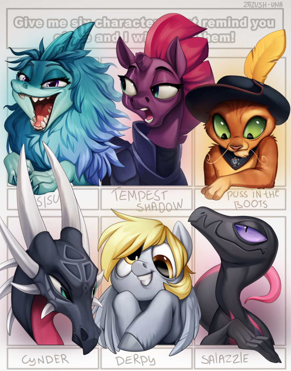 activision anthro blonde_hair blue_body blue_eyes blue_fur brown_eyes cynder derpy_hooves_(mlp) disney domestic_cat dragon equid equine felid feline felis female feral friendship_is_magic fur green_eyes group hair hasbro hi_res horn horse male mammal meme my_little_pony my_little_pony:_the_movie_(2017) nintendo open_mouth pok&eacute;mon pok&eacute;mon_(species) pony purple_eyes puss_in_boots raya_and_the_last_dragon salazzle scalie sisu_(ratld) six_fanarts_challenge spyro_the_dragon tempest_shadow_(mlp) video_games zazush-una