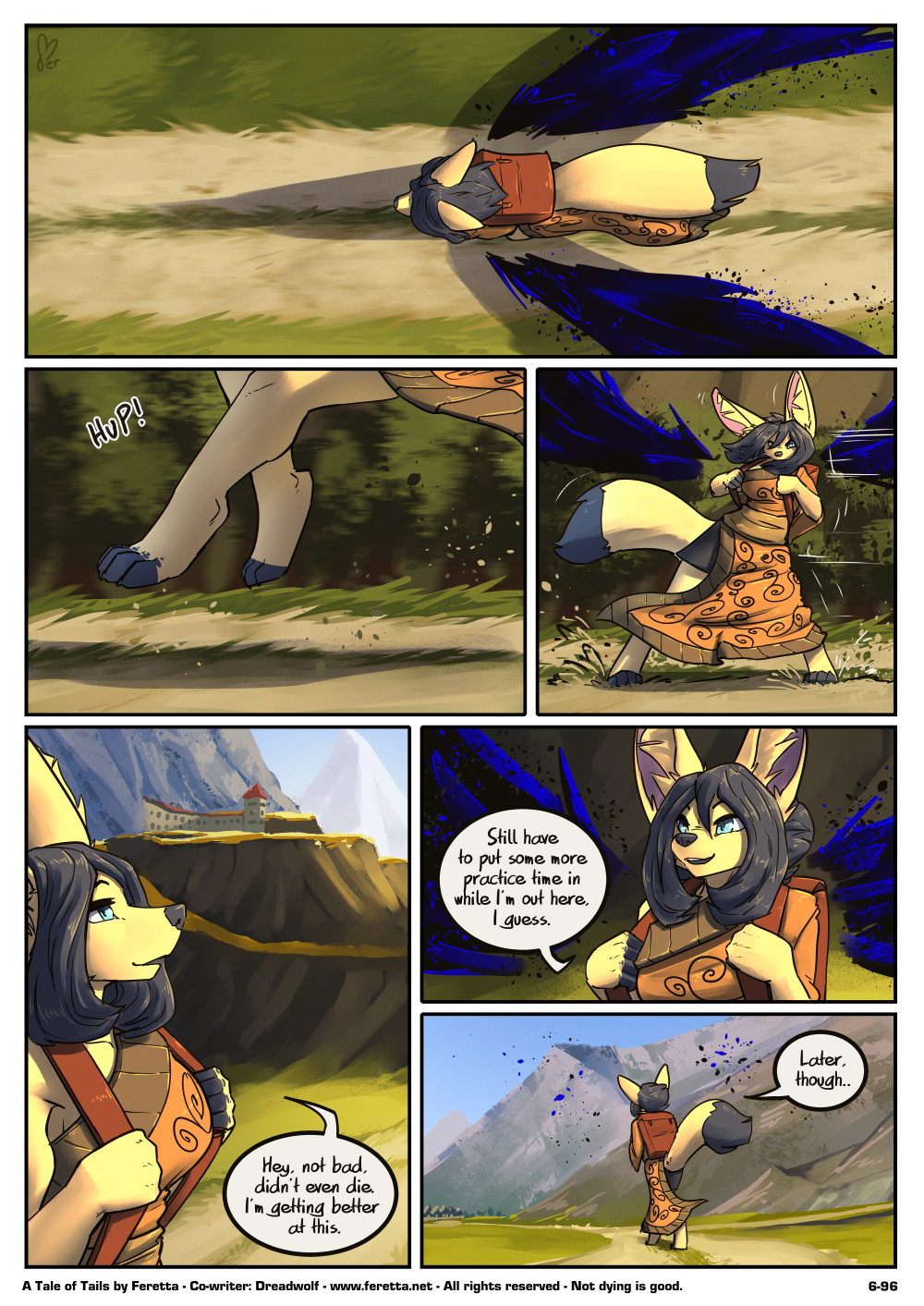 backpack black_hair blue_eyes canid canine clothing comic digital_media_(artwork) english_text female fenavi_montaro fennec feretta fox fur hair hi_res landing landscape mammal robe scenery shaded tale_of_tails text url webcomic wings yellow_body yellow_fur