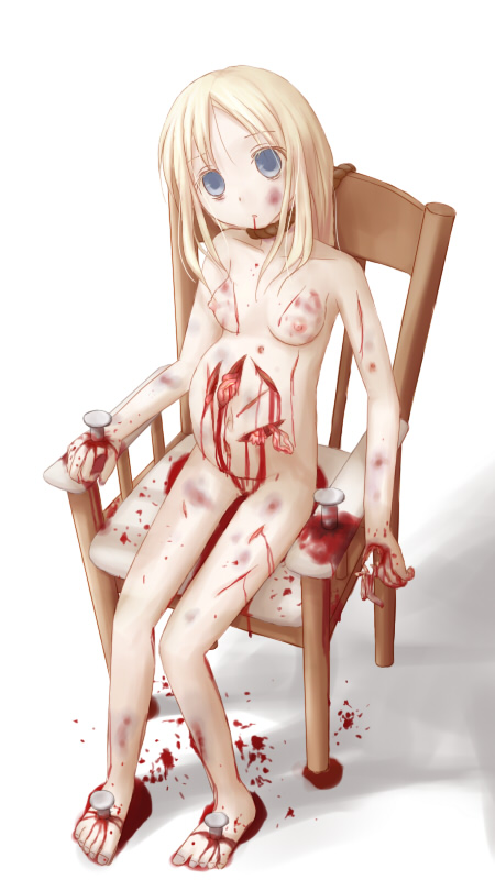 1girl abortion asphyxiation barefoot blank_eyes blonde_hair blood blood_puddle bloody blue_eyes breasts bruise bruises chair cuts death dreamrabbit empty_body empty_eyes feet fetus guro head_tilt holes injury intestine intestines lifeless nail nailed nails nipples nude original pregnant rope simple_background sitting skin_ripped solo toes torture whip_marks white_background yuyuzuki_(yume_usagi)
