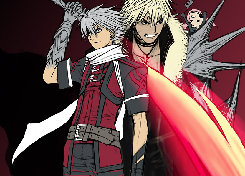 2boys almira arm_up artist_request black_gloves black_shirt blonde_hair buckle character_request clenched_teeth feel gloves holding holding_sword holding_weapon leon_(over_zenith) multiple_boys over_zenith scarf shirt silver_hair sword teeth vest weapon