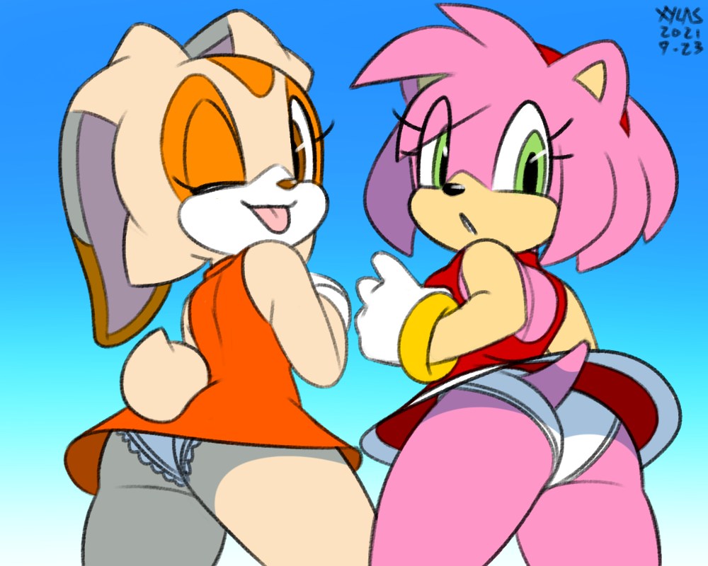 2021 5:4 amy_rose anthro clothing cream_the_rabbit dress duo eulipotyphlan female frilly_panties hair hedgehog lagomorph leporid looking_at_viewer low-angle_view mammal one_eye_closed open-back_dress panties rabbit sega sonic_the_hedgehog_(series) tongue tongue_out translucent translucent_hair underwear upskirt white_panties wink xylas