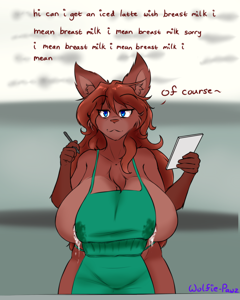2021 4:5 5_fingers anthro apron apron_only areola artist_name big_breasts blue_eyes bodily_fluids breasts canid canine canis chest_tuft cleavage clothed clothing countershade_torso countershading digital_media_(artwork) english_text female fingers fur green_apron hair hi_res holding_object holding_pen huge_breasts i_mean_breast_milk inner_ear_fluff lactating lactating_through_clothing mammal maria_lys meme milk mostly_nude nipples notebook pen public red_body red_fur red_hair shaded side_boob signature solo tagme text tuft wet wet_clothing what_the_hart_wants wolf wolfie-pawz