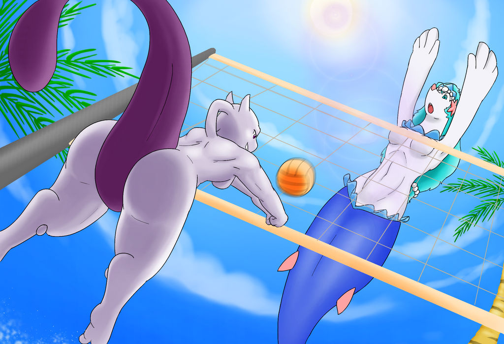 anthro ball big_butt breasts bubble_butt butt cloud convenient_censorship day duo female legendary_pok&eacute;mon livinlovindude mammal marine mewtwo navel nintendo nude palm_tree pinniped plant playing_sport pok&eacute;mon pok&eacute;mon_(species) primarina sky sport sun tree video_games volleyball volleyball_(ball) volleyball_net